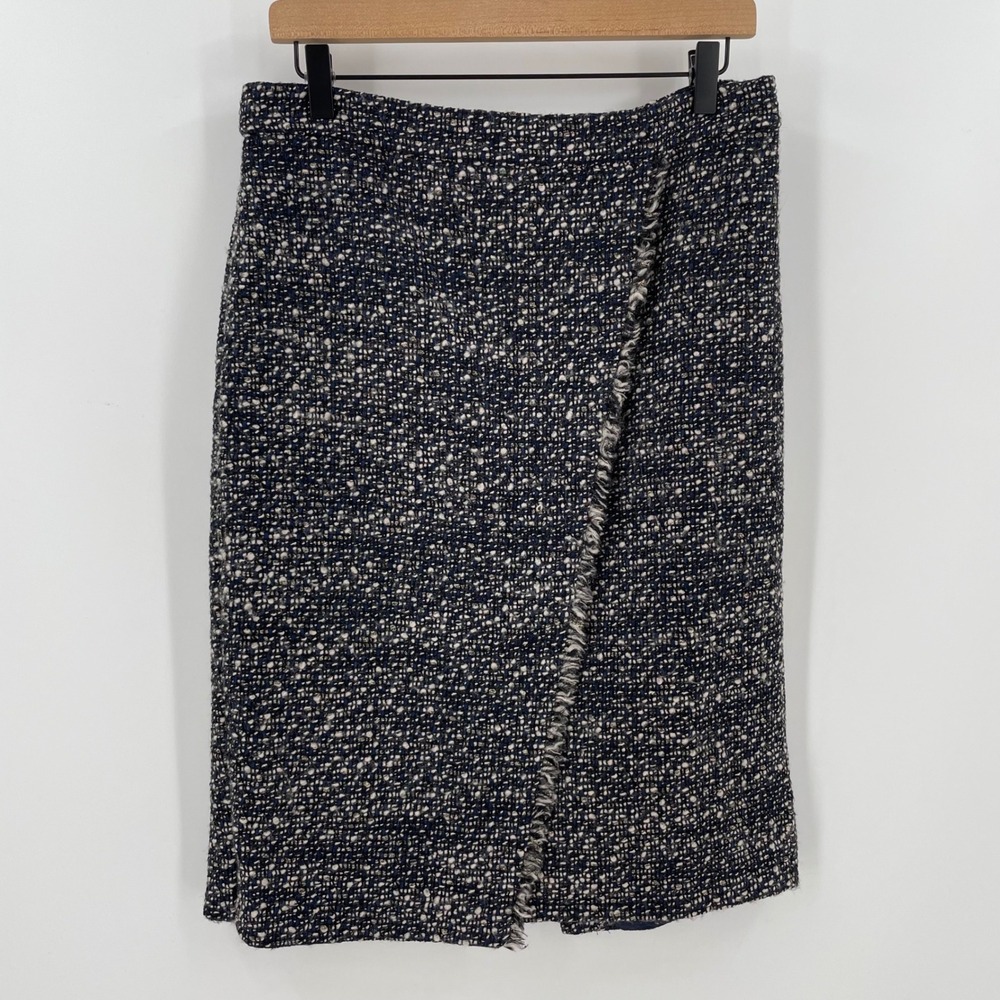 J Crew Womens 8 Navy Metallic Tweed Wool Blend Faux Wrap Pencil Skirt Fringe - Picture 2 of 11